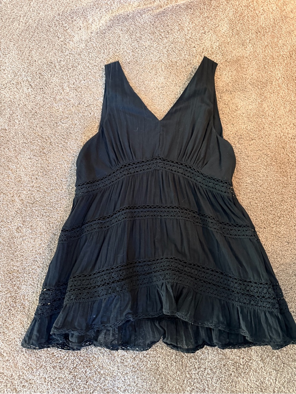 American Eagle Outfitters Black V-Neck Crochet Trim Tunic